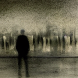 Charcoal drawing of a man overlooking the city with a head that is blurrier than the rest of his body