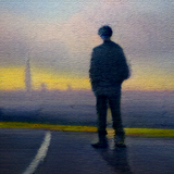 Illustration of a man standing on a road overlooking a hazy city at dusk