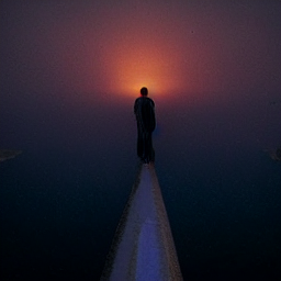 Man on a hazy road looking into the fog that has some buildings which are barely visible